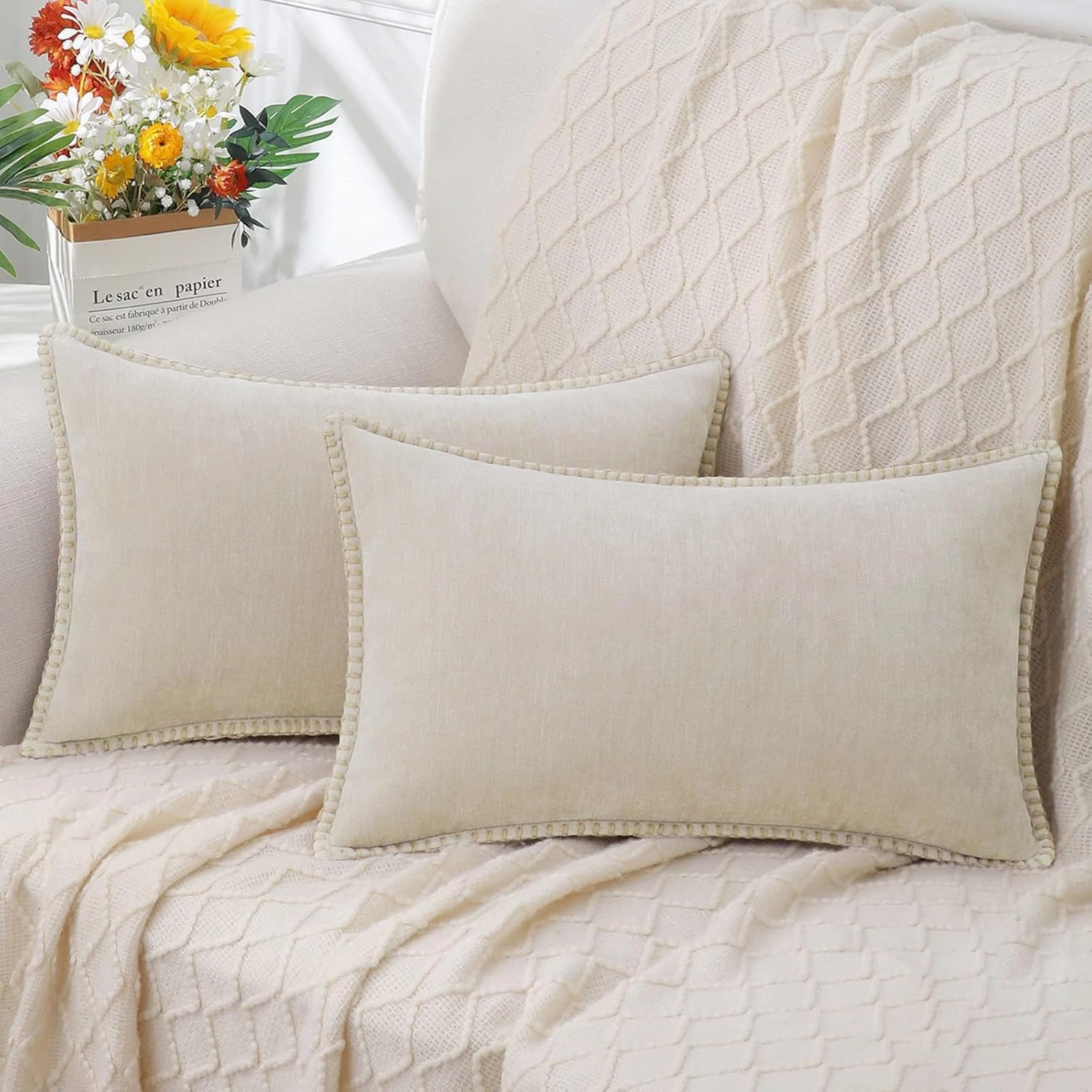 decorUhome Chenille Soft Throw Pillow Covers 12x20 Set of 2, Lumbar Velvet Farmhouse Neutral Decorative Pillow Covers with Stitched Edge for Couch Sofa Bed Home Decor, Beige