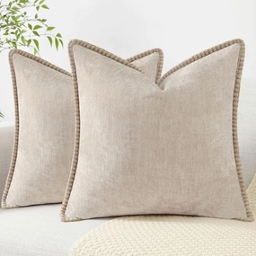 decorUhome Chenille Soft Throw Pillow Covers 22x22 Set of 2, Farmhouse Velvet Neutral Decorative Pillow Covers with Stitched Edge for Couch Sofa Bed Home Decor, Beige