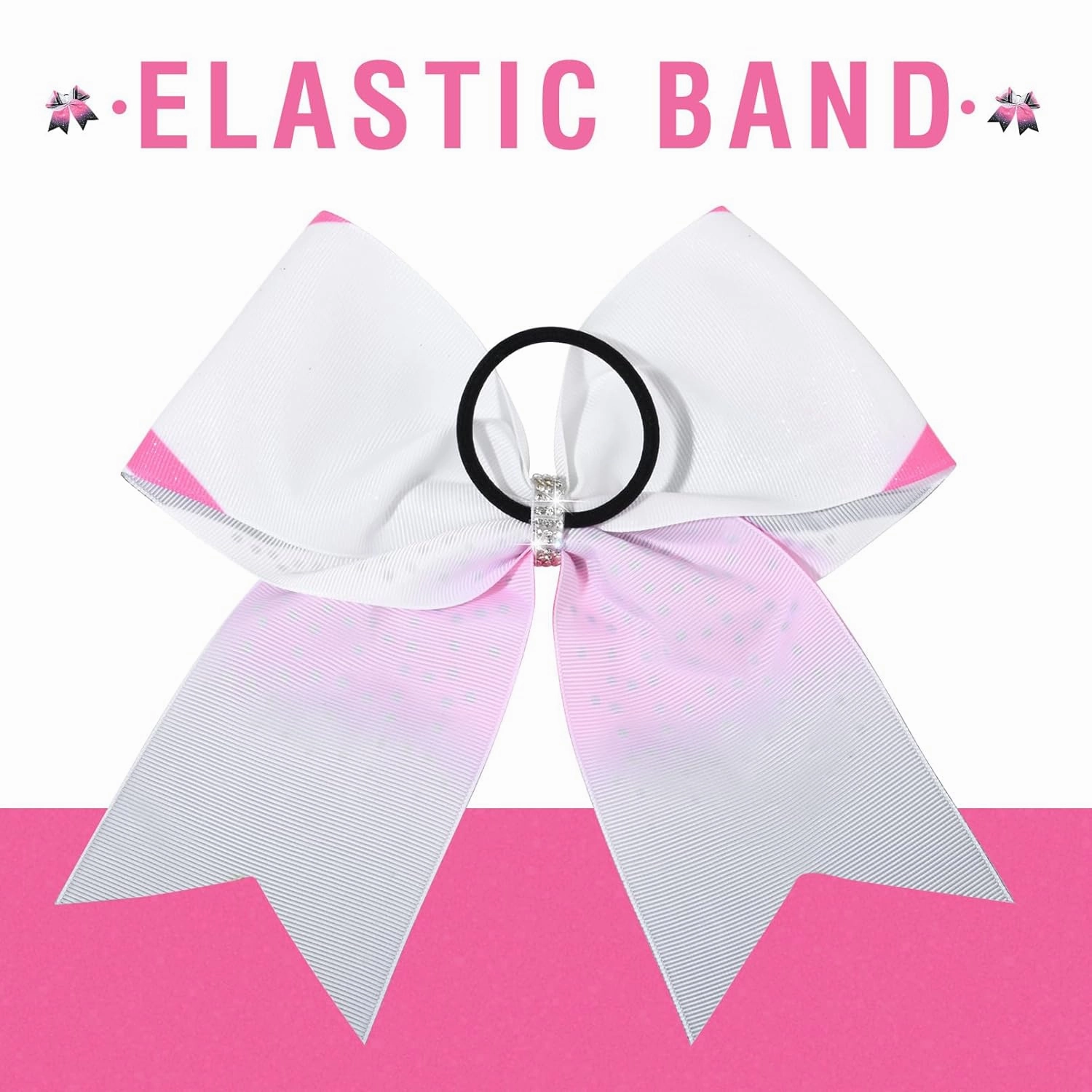 DEEKA 6PCS 8" Large Glitter Cheer Bows Black and Pink Gradient Color Rhinestone Shiny Cheer Hair Bows Elastic Band Ponytail Holder for Cheerleader Girls Sports -White/Pink/Black