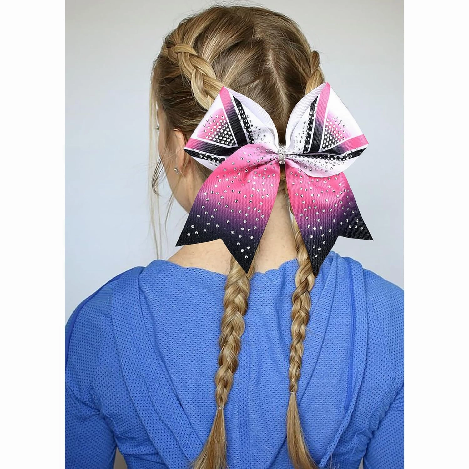 DEEKA 6PCS 8" Large Glitter Cheer Bows Black and Pink Gradient Color Rhinestone Shiny Cheer Hair Bows Elastic Band Ponytail Holder for Cheerleader Girls Sports -White/Pink/Black