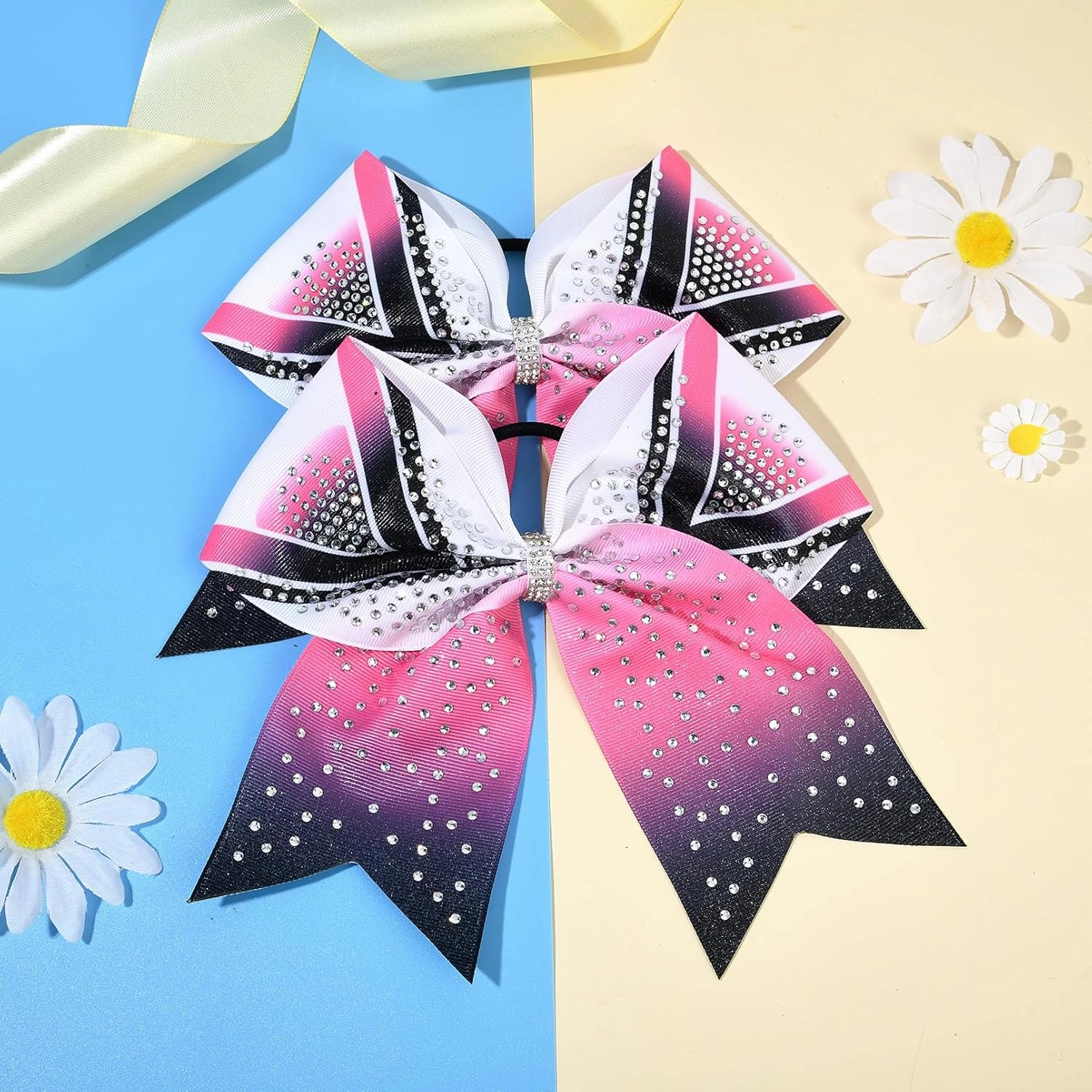 DEEKA 6PCS 8" Large Glitter Cheer Bows Black and Pink Gradient Color Rhinestone Shiny Cheer Hair Bows Elastic Band Ponytail Holder for Cheerleader Girls Sports -White/Pink/Black