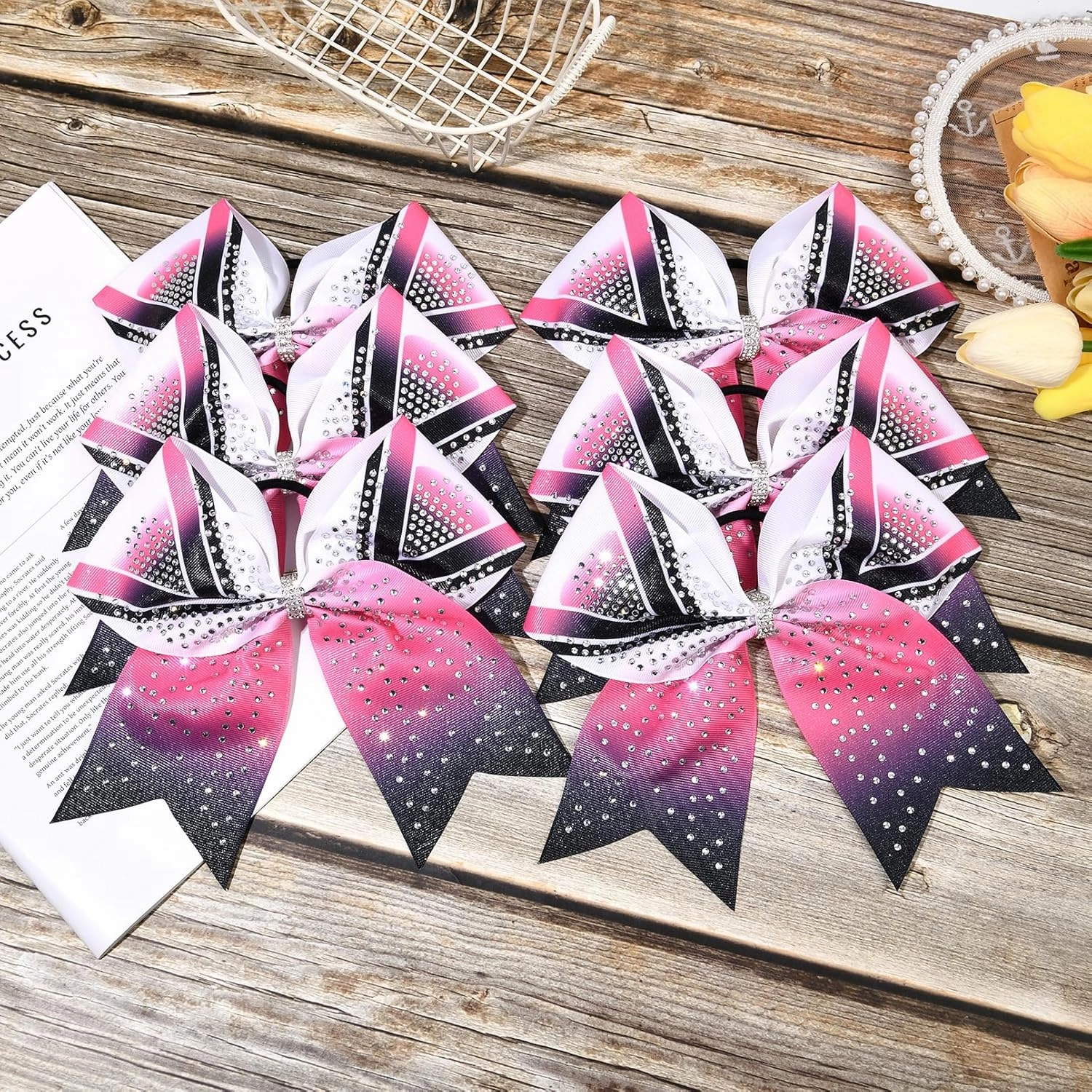 DEEKA 6PCS 8" Large Glitter Cheer Bows Black and Pink Gradient Color Rhinestone Shiny Cheer Hair Bows Elastic Band Ponytail Holder for Cheerleader Girls Sports -White/Pink/Black
