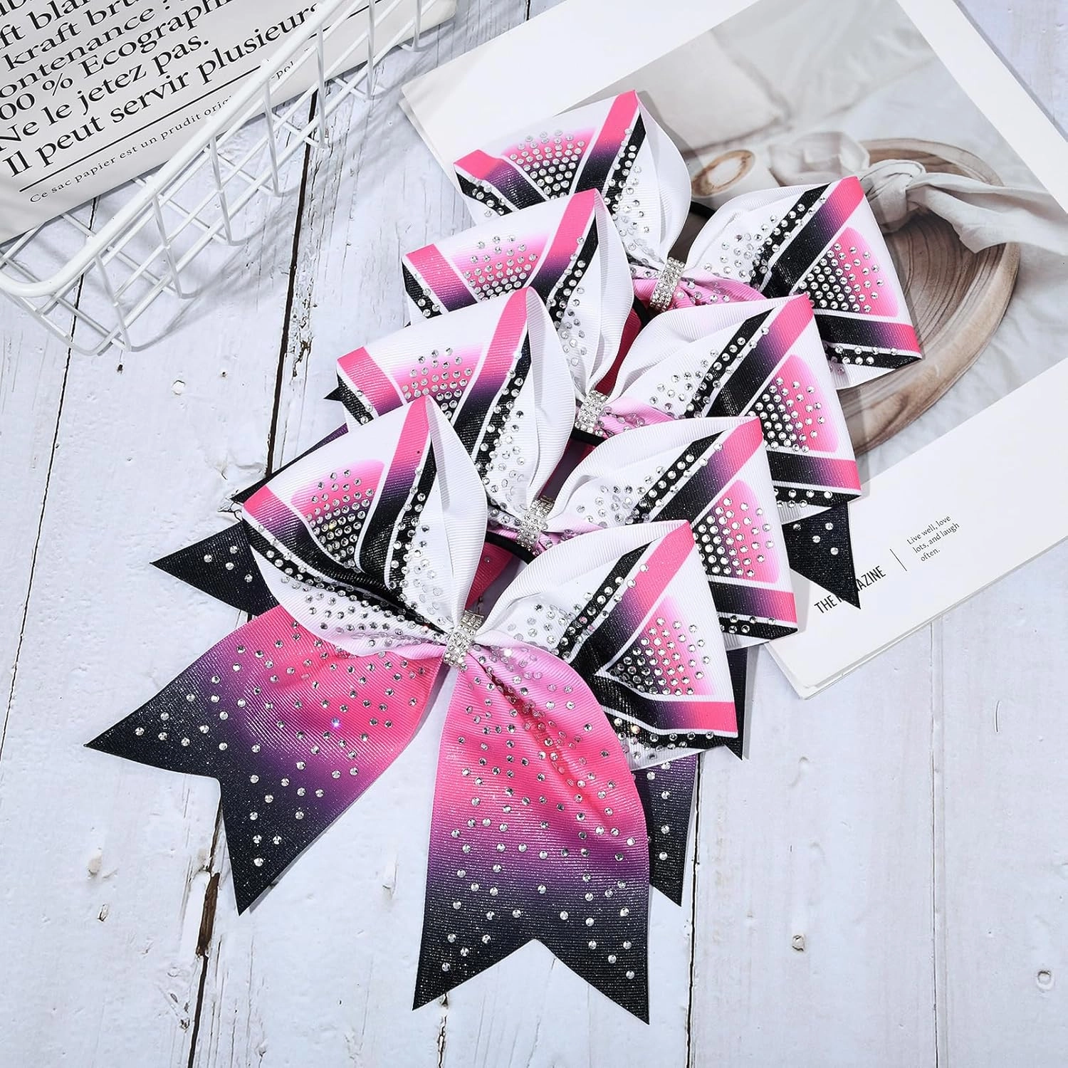 DEEKA 6PCS 8" Large Glitter Cheer Bows Black and Pink Gradient Color Rhinestone Shiny Cheer Hair Bows Elastic Band Ponytail Holder for Cheerleader Girls Sports -White/Pink/Black