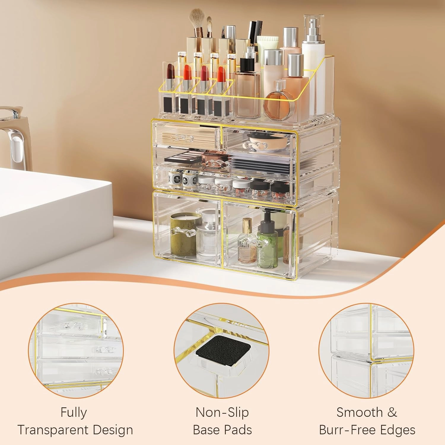 Delamu 3pc 6-Drawer Makeup Organizer Countertop Bathroom Counter Organizer for Vanity | Skincare | Perfume | Lipstick Storage, Casual Pairing No Assembly, Ideal Gift for Women, Clear with Gold Trim