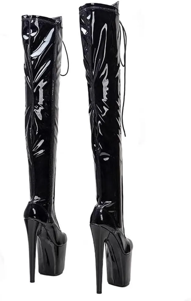 denova's Women's Patent 7.9in Very High Heel Lace Up Platform Pole Dance Over-The-Knee Thigh High Boot with Zipper