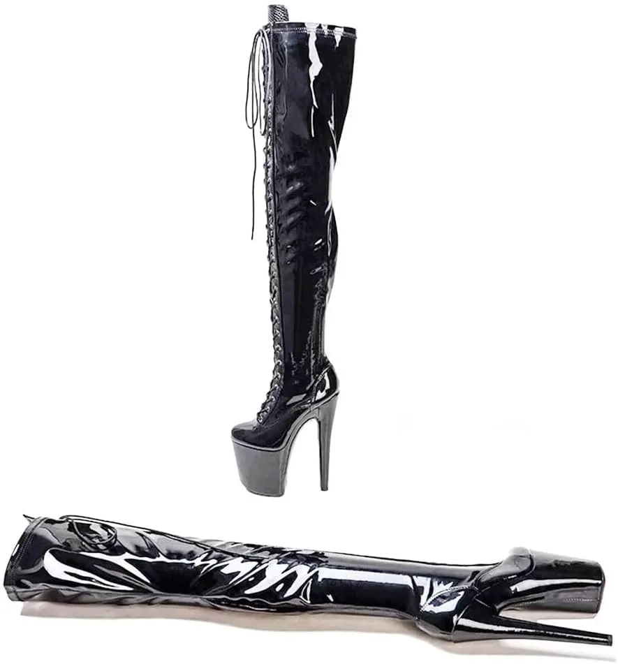 denova's Women's Patent 7.9in Very High Heel Lace Up Platform Pole Dance Over-The-Knee Thigh High Boot with Zipper