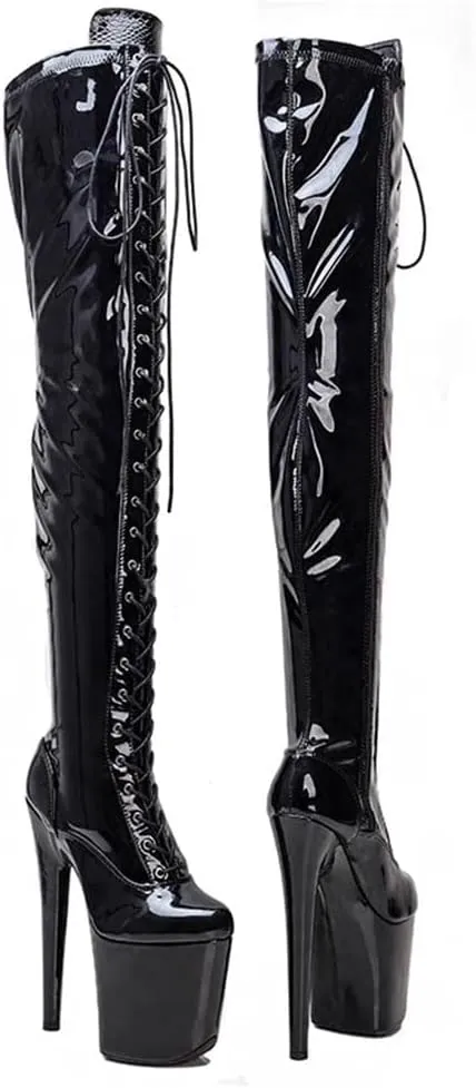 denova's Women's Patent 7.9in Very High Heel Lace Up Platform Pole Dance Over-The-Knee Thigh High Boot with Zipper