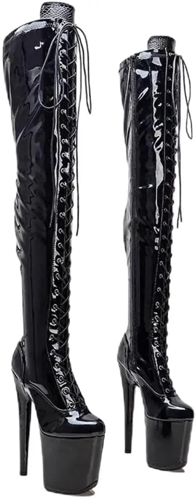 denova's Women's Patent 7.9in Very High Heel Lace Up Platform Pole Dance Over-The-Knee Thigh High Boot with Zipper