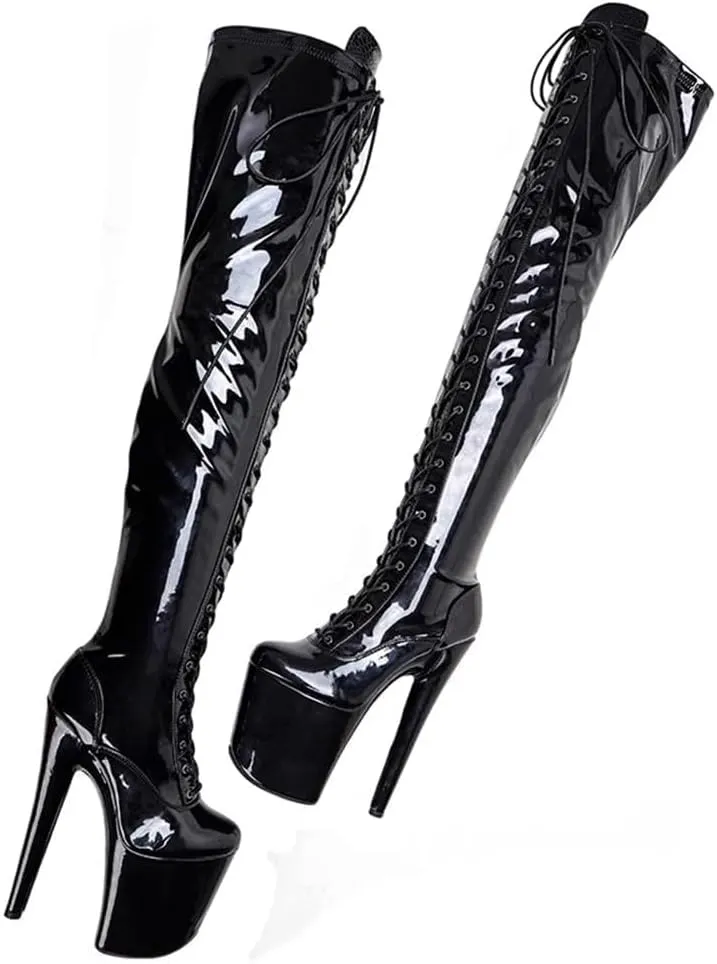 denova's Women's Patent 7.9in Very High Heel Lace Up Platform Pole Dance Over-The-Knee Thigh High Boot with Zipper