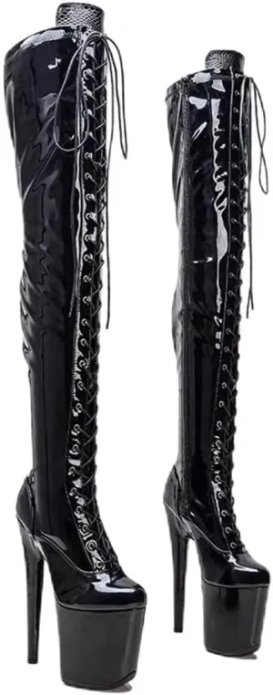 denova's Women's Patent 7.9in Very High Heel Lace Up Platform Pole Dance Over-The-Knee Thigh High Boot with Zipper