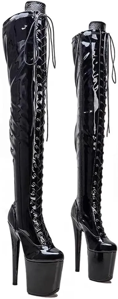 denova's Women's Patent 7.9in Very High Heel Lace Up Platform Pole Dance Over-The-Knee Thigh High Boot with Zipper