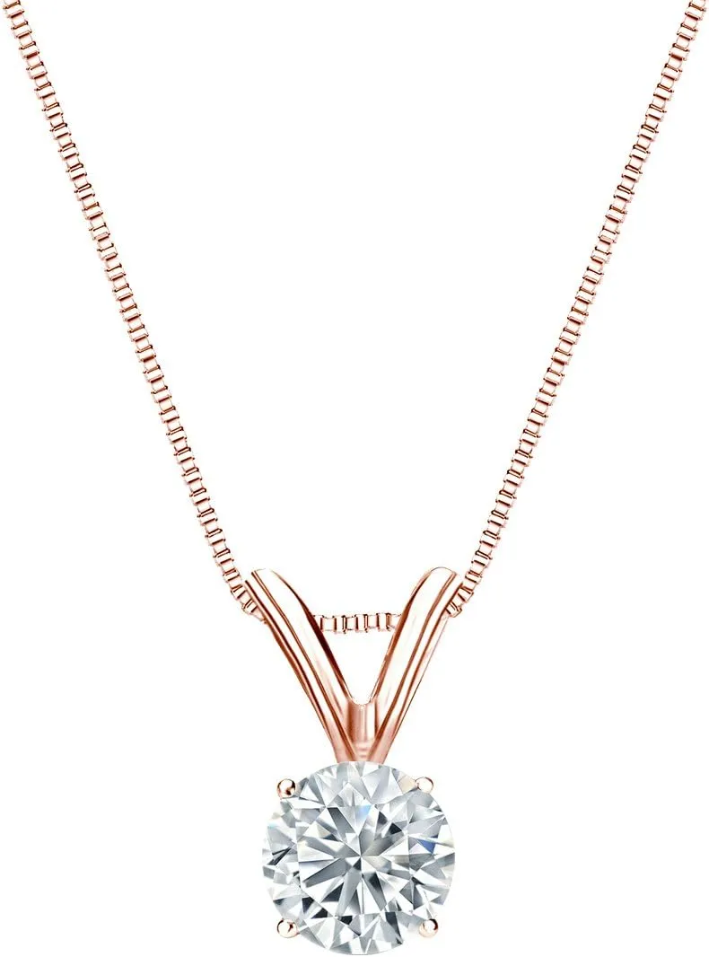 Diamond Wish 14k Rose Gold Round Solitaire Diamond Pendant Necklace (1/3cttw, H-I, I1-I2) 4-Prong Basket, 18-inch Box Chain