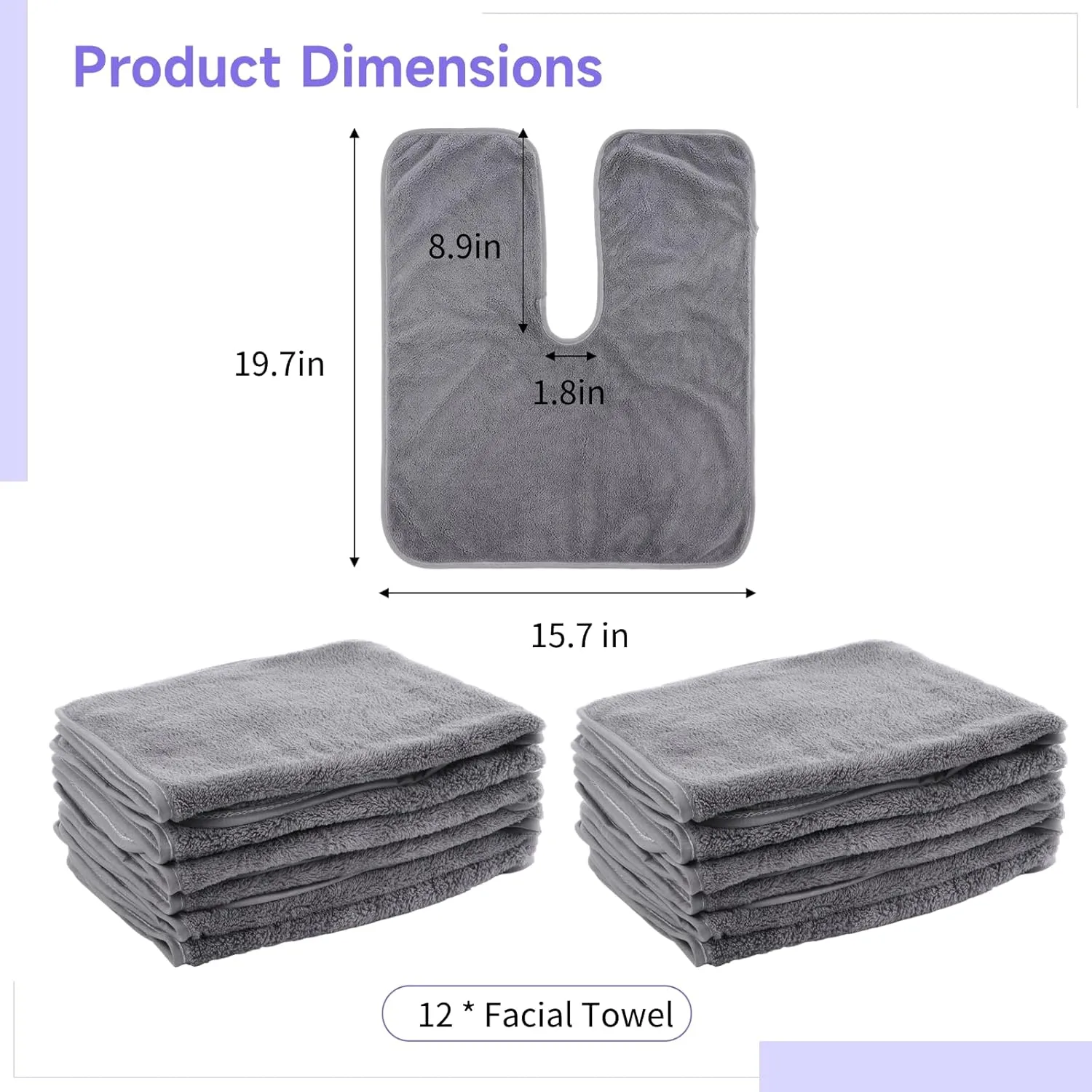 DIMEGON 12 PCS U-Shaped Facial Towels, Split Design, Soft Esthetician Towel, Coral Fleece Face Cloth for Beauty Salons, Skin Care, SPA Centers, Gray