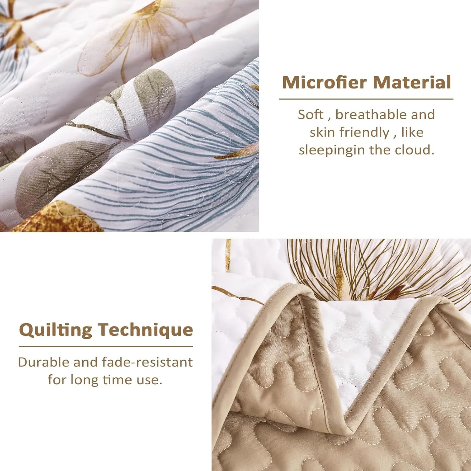 Dinjoy Floral Quilt Set Queen,Beige/Khaki Bedspread Queen Size 3 Pieces Lightweight Summer Quilts Microfiber Farmhouse Bedding Set Soft Flower Bedspreads White Coverlet Sets for All Seasons