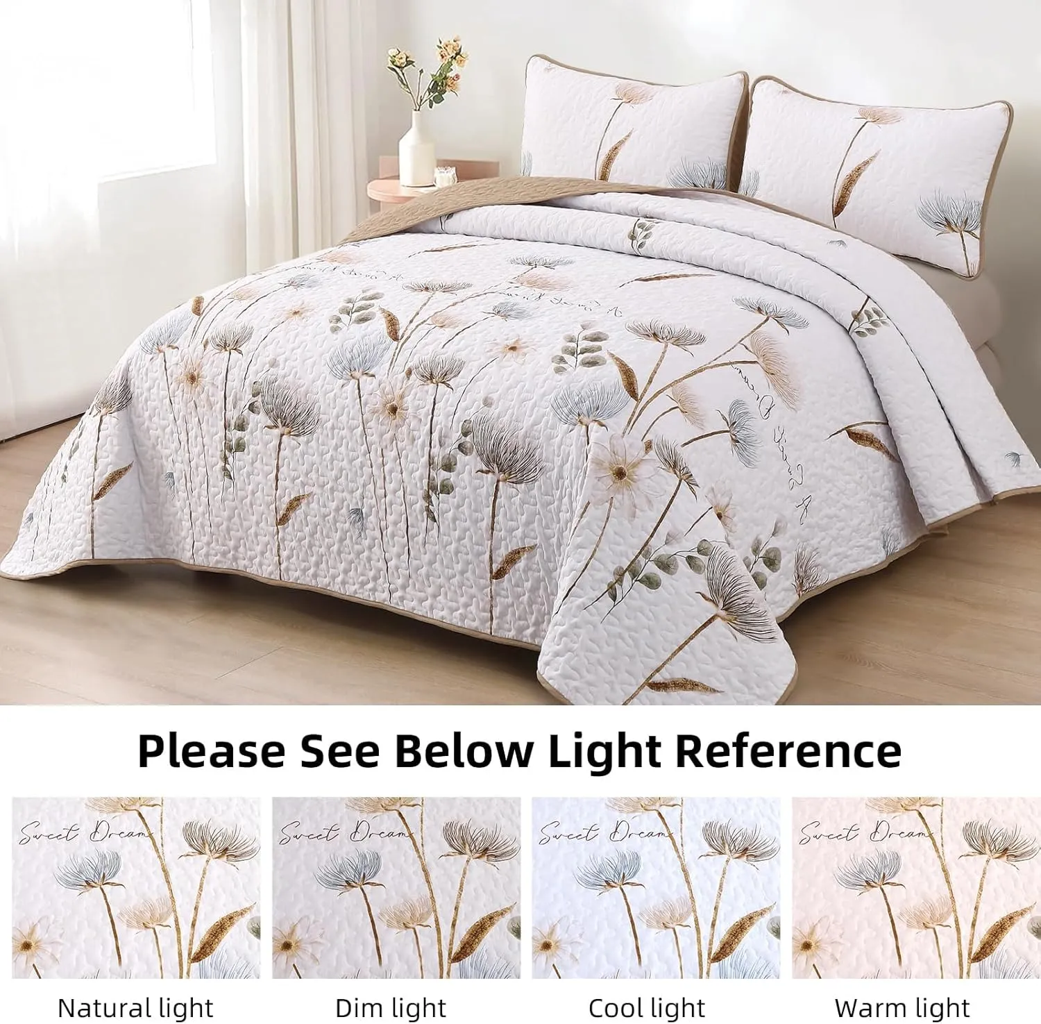 Dinjoy Floral Quilt Set Queen,Beige/Khaki Bedspread Queen Size 3 Pieces Lightweight Summer Quilts Microfiber Farmhouse Bedding Set Soft Flower Bedspreads White Coverlet Sets for All Seasons
