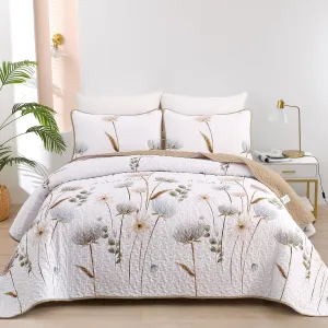 Dinjoy Floral Quilt Set Queen,Beige/Khaki Bedspread Queen Size 3 Pieces Lightweight Summer Quilts Microfiber Farmhouse Bedding Set Soft Flower Bedspreads White Coverlet Sets for All Seasons