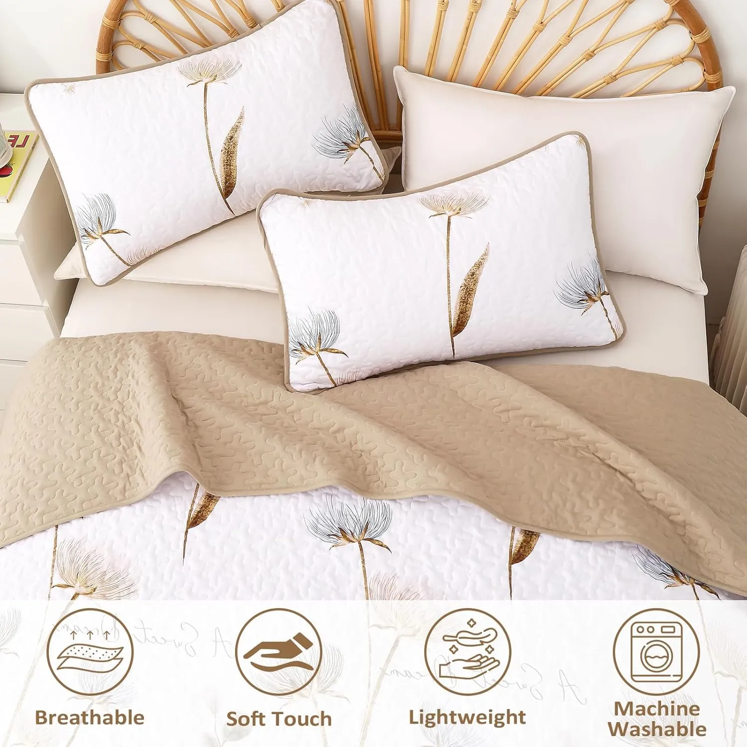 Dinjoy Floral Quilt Set Queen,Beige/Khaki Bedspread Queen Size 3 Pieces Lightweight Summer Quilts Microfiber Farmhouse Bedding Set Soft Flower Bedspreads White Coverlet Sets for All Seasons