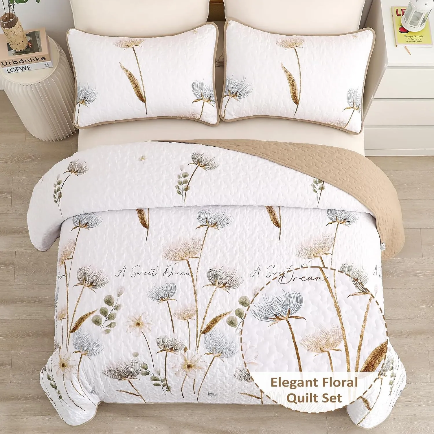 Dinjoy Floral Quilt Set Queen,Beige/Khaki Bedspread Queen Size 3 Pieces Lightweight Summer Quilts Microfiber Farmhouse Bedding Set Soft Flower Bedspreads White Coverlet Sets for All Seasons