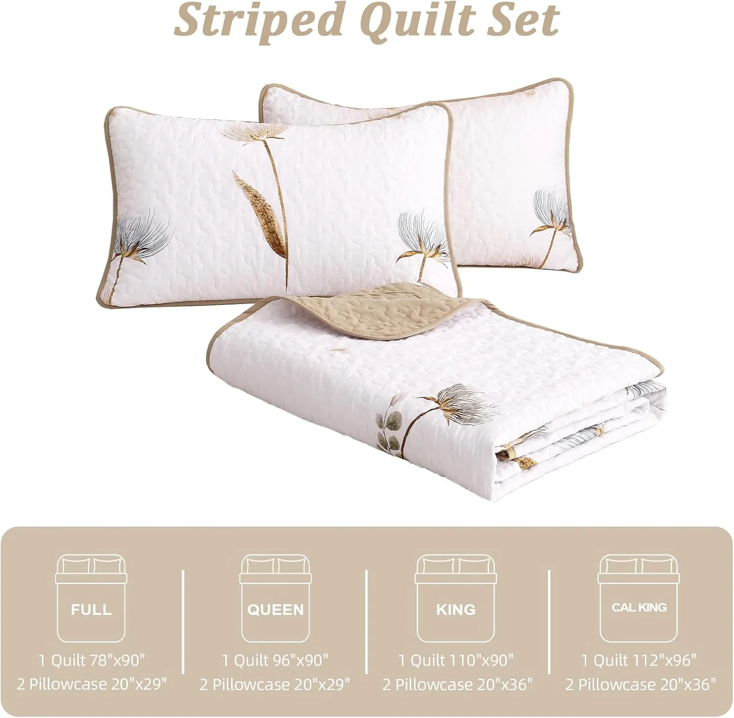 Dinjoy Floral Quilt Set Queen,Beige/Khaki Bedspread Queen Size 3 Pieces Lightweight Summer Quilts Microfiber Farmhouse Bedding Set Soft Flower Bedspreads White Coverlet Sets for All Seasons