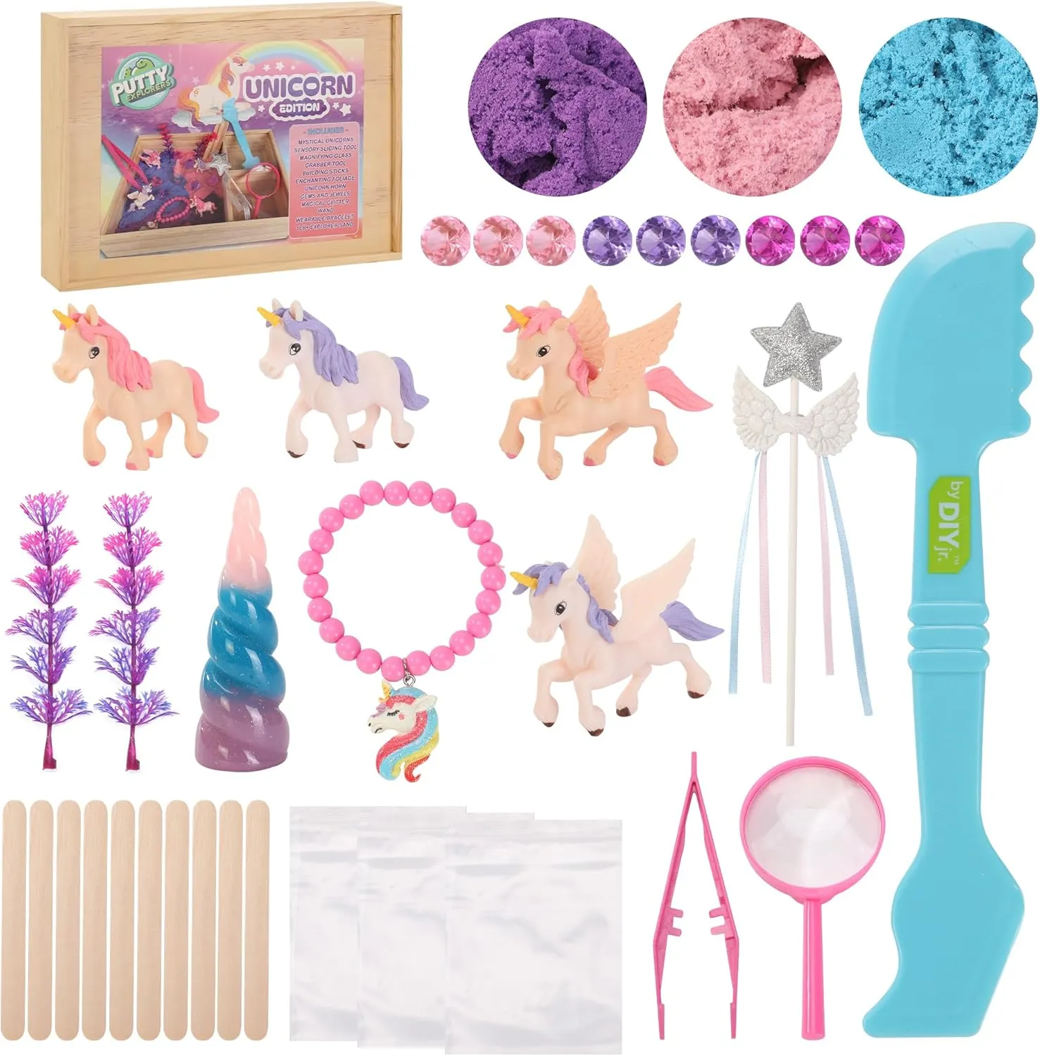 DIY jr Unicorn Putty Explorers Sensory Kit Girls Wooden Play Box Unicorn Lovers Toys Moldable Sand Kit Imagination Toys Bracelet Alicorns Pegasus Teacher Class Gifts Horn