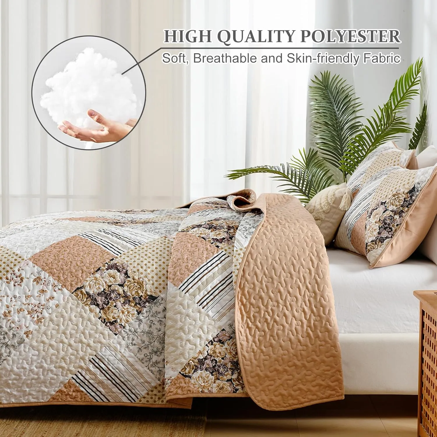 Dobuyly Quilt Queen Size Set, Beige and Brown Floral Plaid Patchwork Bedspread Reversible Coverlet Set 3 Pieces, Soft Lightweight Microfiber Bedding Set for All Season, 96"x90"