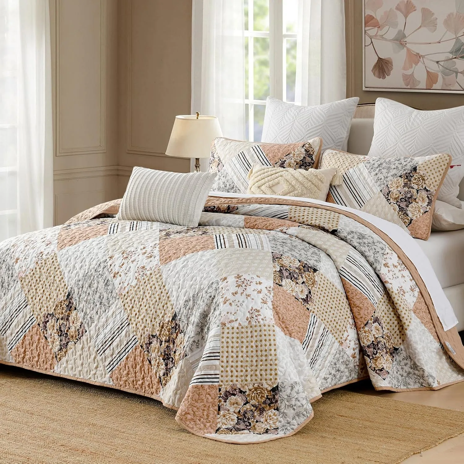Dobuyly Quilt Queen Size Set, Beige and Brown Floral Plaid Patchwork Bedspread Reversible Coverlet Set 3 Pieces, Soft Lightweight Microfiber Bedding Set for All Season, 96"x90"