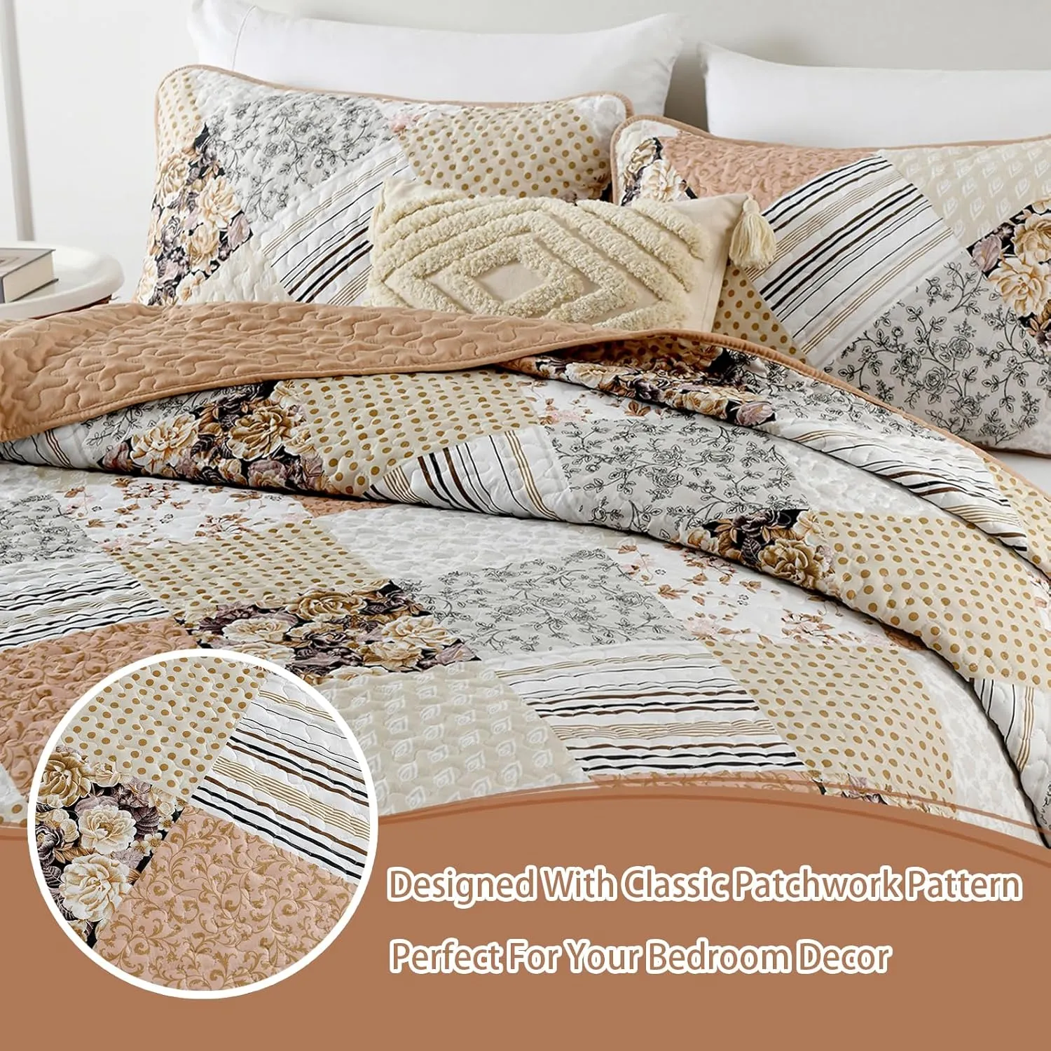 Dobuyly Quilt Queen Size Set, Beige and Brown Floral Plaid Patchwork Bedspread Reversible Coverlet Set 3 Pieces, Soft Lightweight Microfiber Bedding Set for All Season, 96"x90"