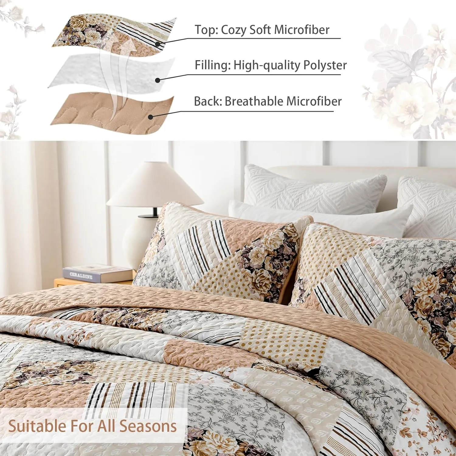 Dobuyly Quilt Queen Size Set, Beige and Brown Floral Plaid Patchwork Bedspread Reversible Coverlet Set 3 Pieces, Soft Lightweight Microfiber Bedding Set for All Season, 96"x90"