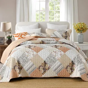 Dobuyly Quilt Queen Size Set, Beige and Brown Floral Plaid Patchwork Bedspread Reversible Coverlet Set 3 Pieces, Soft Lightweight Microfiber Bedding Set for All Season, 96"x90"