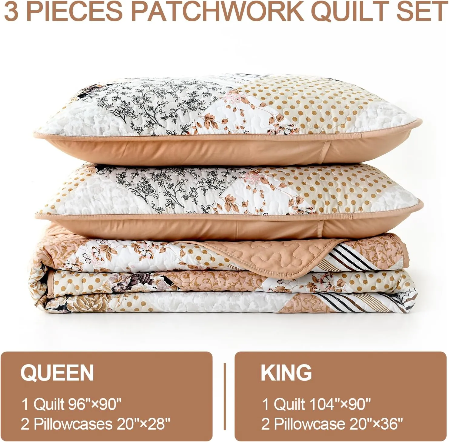 Dobuyly Quilt Queen Size Set, Beige and Brown Floral Plaid Patchwork Bedspread Reversible Coverlet Set 3 Pieces, Soft Lightweight Microfiber Bedding Set for All Season, 96"x90"