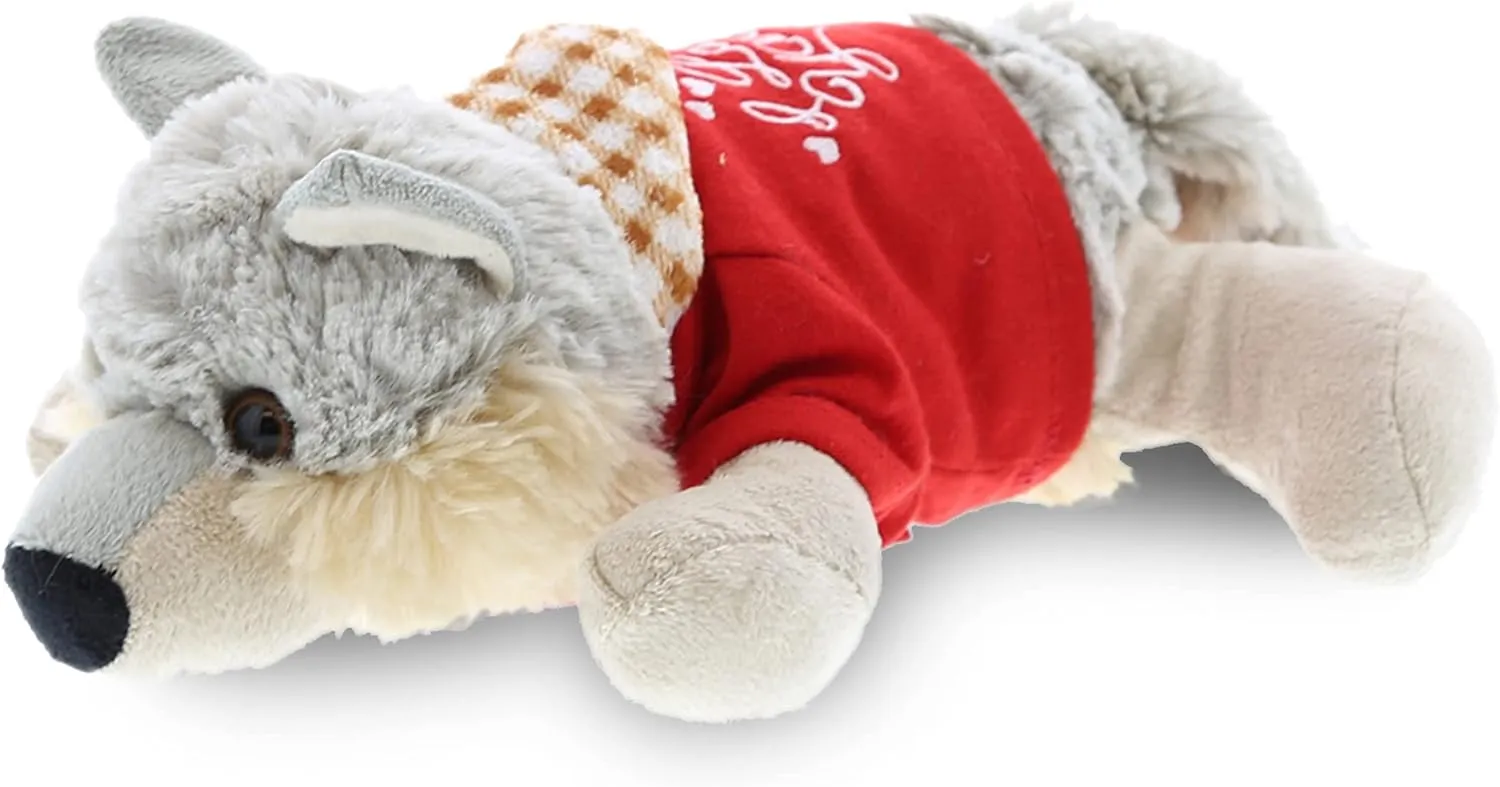 DolliBu I Love You Valentine Plush Lying Grey Wolf - Cute Stuffed Animal with Red Shirt and Name Personalization Gift for Valentines Day, Birthday, Anniversary, Romantic Date - 9 Inches