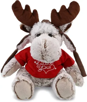 DolliBu I Love You Valentine Plush Moose with Clothes - Cute Soft Cuddly Stuffed Animal with Red Heart Shirt for Valentines Day, Birthday Present, Anniversary, Romantic Date - 9 Inches