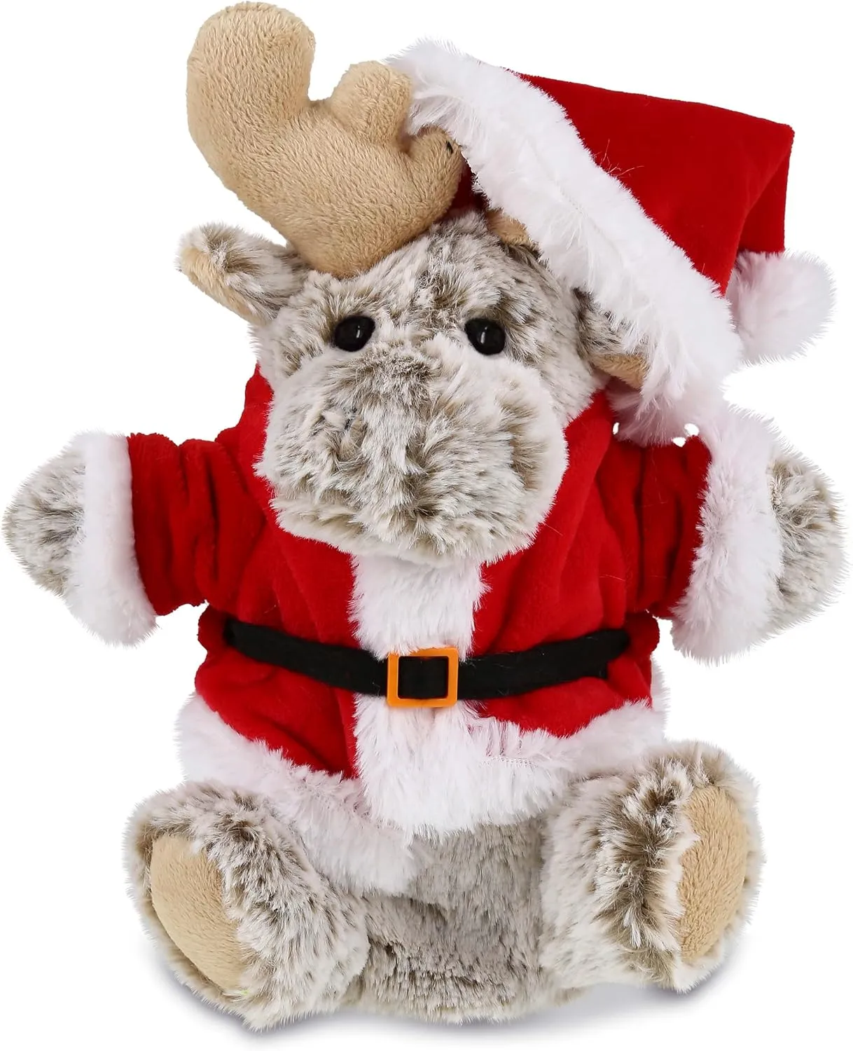DolliBu Santa Moose Stuffed Animal Plush Hand Puppet - Super Soft Wild Animal Dress Up with Red Santa Claus Outfit, Perfect Holiday with Name Personalization - 9 Inches