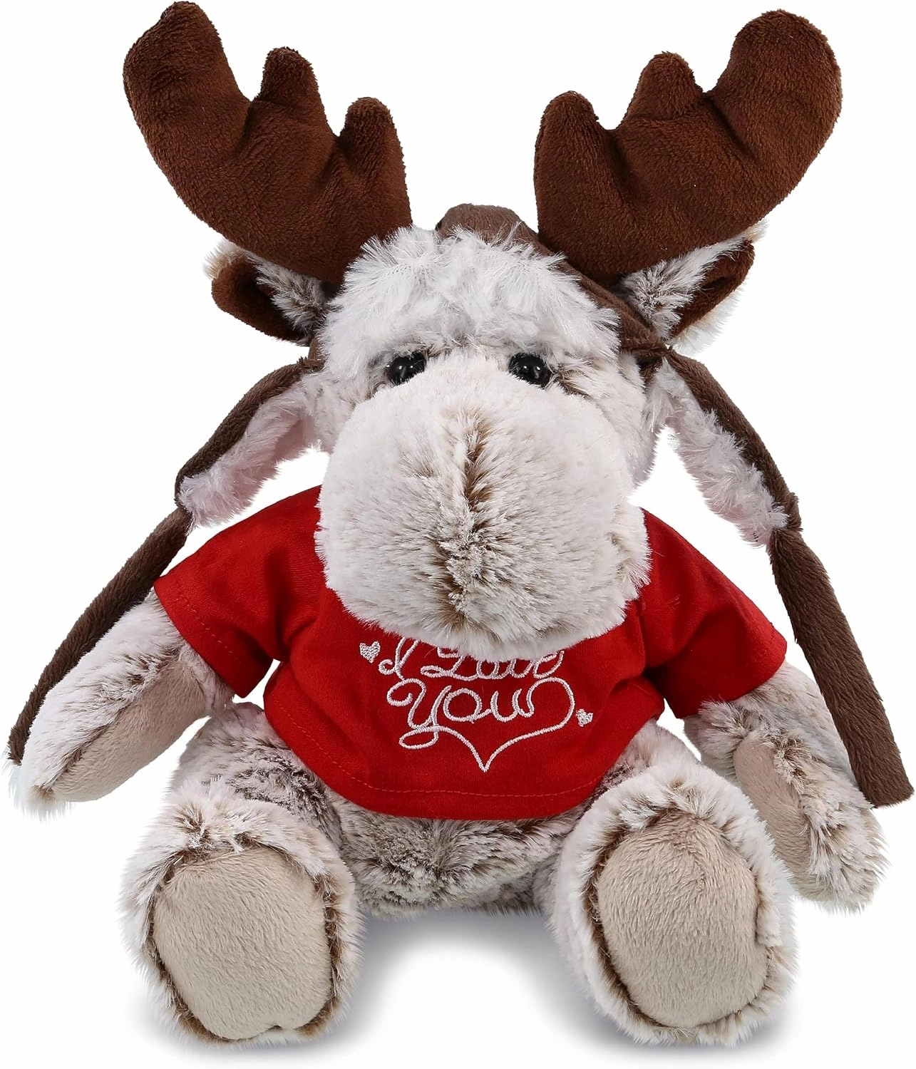 DolliBu I Love You Valentine Plush Moose with Clothes - Cute Stuffed Animal with Red Shirt and Name Personalization Gift for Valentines Day, Birthday, Anniversary, Romantic Date - 9 Inches