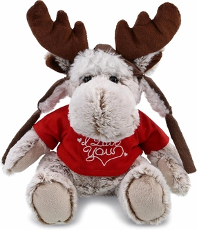 DolliBu I Love You Valentine Plush Moose with Clothes - Cute Stuffed Animal with Red Shirt and Name Personalization Gift for Valentines Day, Birthday, Anniversary, Romantic Date - 9 Inches