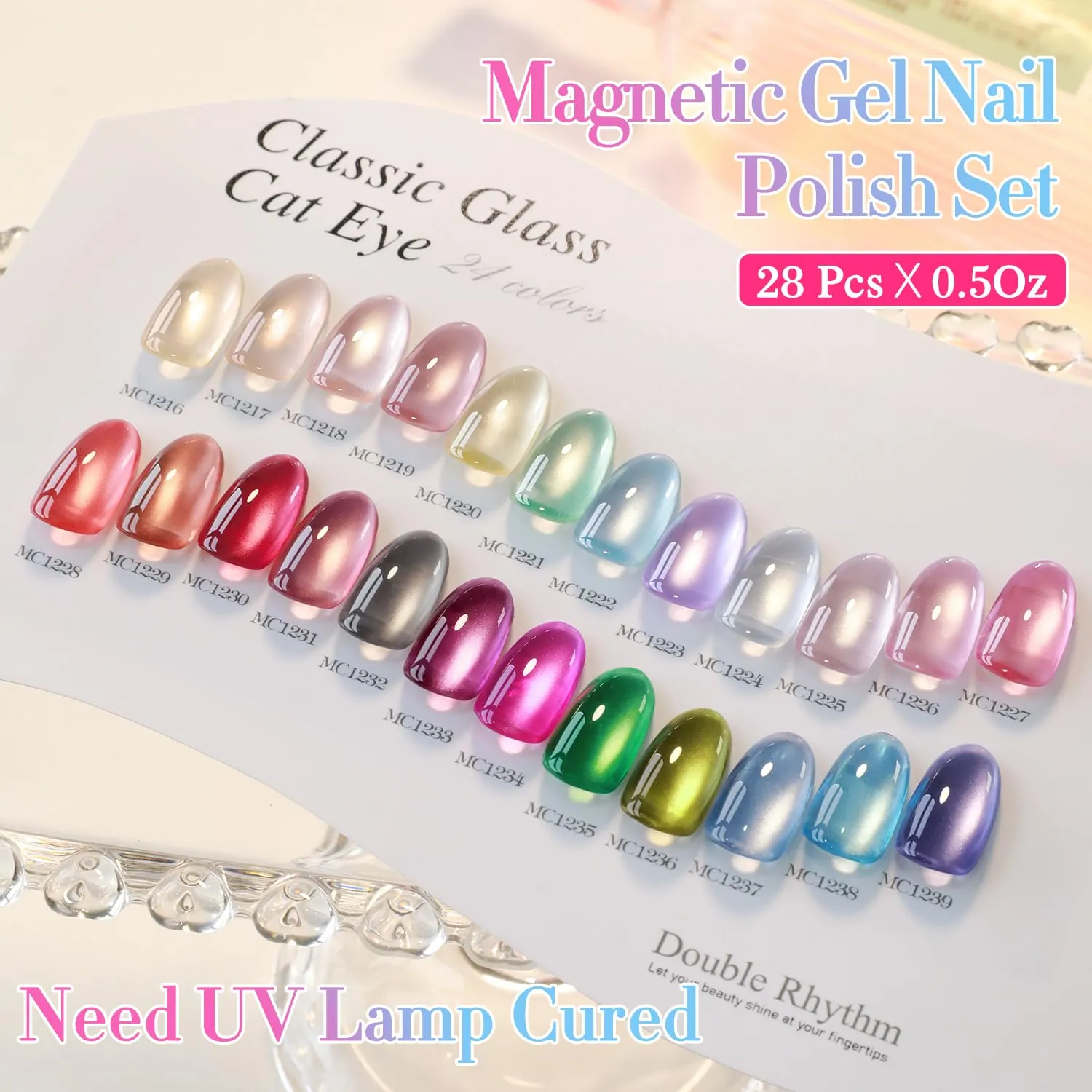Double Rhythm 28Pcs 0.5Oz Gel Nail Polish Set Same Color Same Bottle Soak Off Gel Polish Kit Nail Art Manicure Salon DIY at Home for Women (Glass Jelly Cat Eye Collection-T24-10)