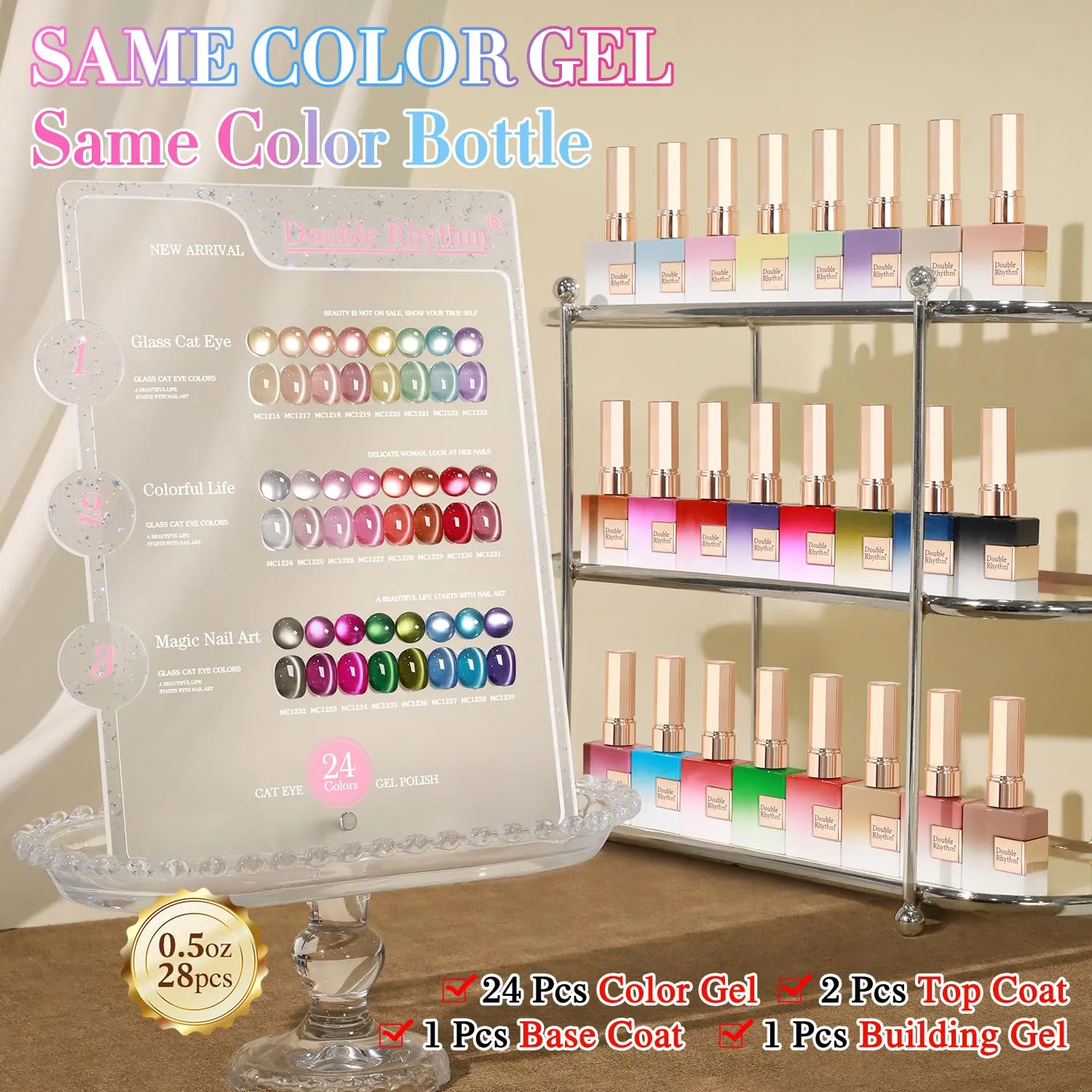 Double Rhythm 28Pcs 0.5Oz Gel Nail Polish Set Same Color Same Bottle Soak Off Gel Polish Kit Nail Art Manicure Salon DIY at Home for Women (Glass Jelly Cat Eye Collection-T24-10)