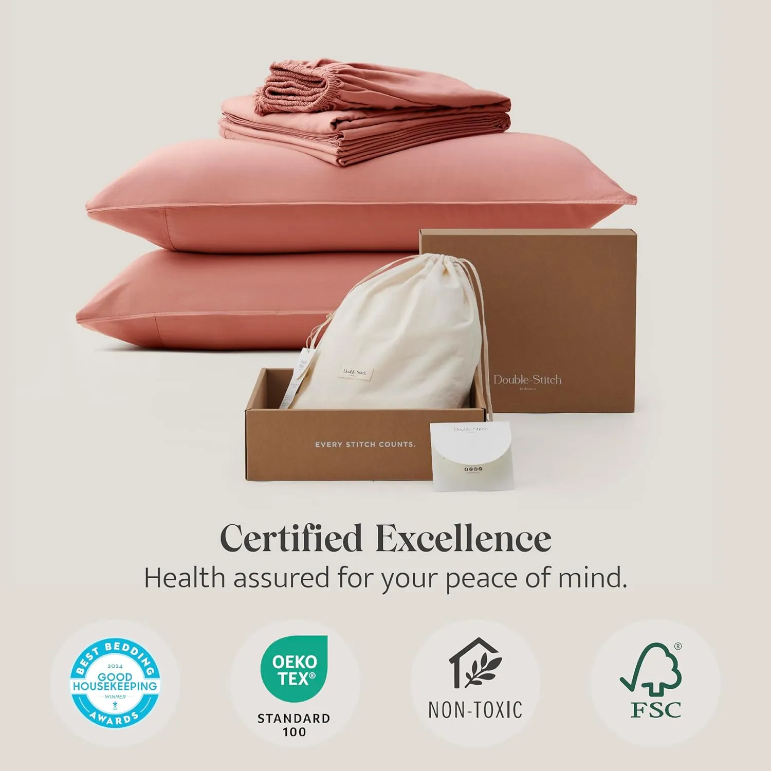 Double Stitch Cotton Tencel Sheet - Bed Sheets Set Queen Size, 4Pc Luxury Hotel Bedding Set, Soft, Cooling & Breathable for Hot Sleepers, Deep Pocket Up to 16 Inches, Coral