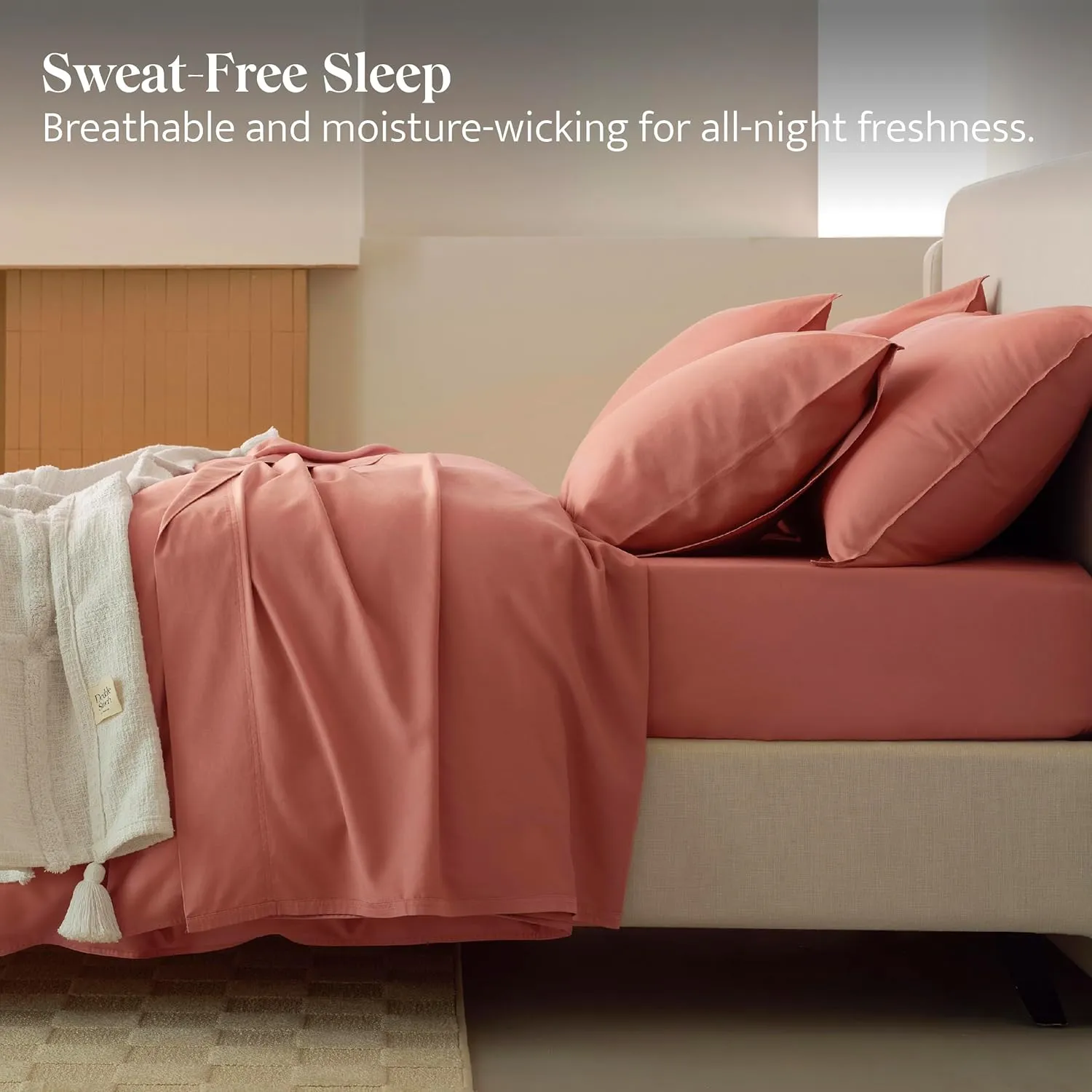 Double Stitch Cotton Tencel Sheet - Bed Sheets Set Queen Size, 4Pc Luxury Hotel Bedding Set, Soft, Cooling & Breathable for Hot Sleepers, Deep Pocket Up to 16 Inches, Coral