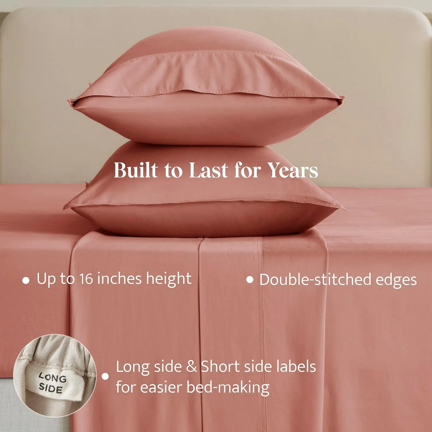 Double Stitch Cotton Tencel Sheet - Bed Sheets Set Queen Size, 4Pc Luxury Hotel Bedding Set, Soft, Cooling & Breathable for Hot Sleepers, Deep Pocket Up to 16 Inches, Coral