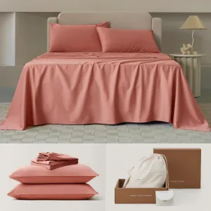 Double Stitch Cotton Tencel Sheet - Bed Sheets Set Queen Size, 4Pc Luxury Hotel Bedding Set, Soft, Cooling & Breathable for Hot Sleepers, Deep Pocket Up to 16 Inches, Coral