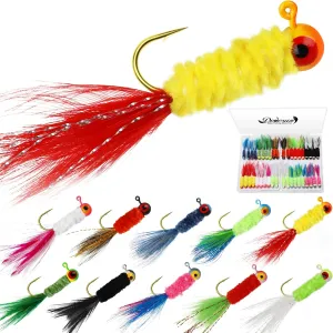Dovesun Crappie Jigs, Hand-Tied Marabou Hair Jigs Heads with Feather 10 Colors 1/32oz 1/16oz 1/8oz Ice | Fly Fishing Lures for Panfish Sunfish Walleye 20-40pcs