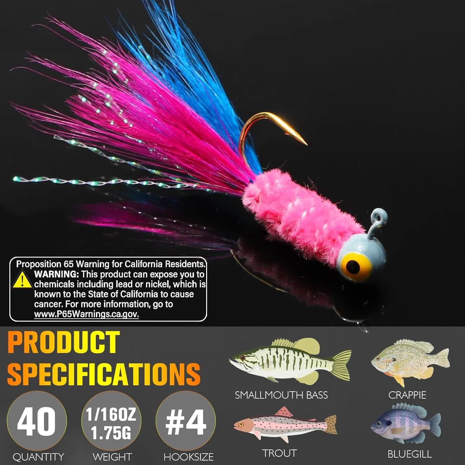 Dovesun Crappie Jigs, Hand-Tied Marabou Hair Jigs Heads with Feather 10 Colors 1/32oz 1/16oz 1/8oz Ice | Fly Fishing Lures for Panfish Sunfish Walleye 20-40pcs
