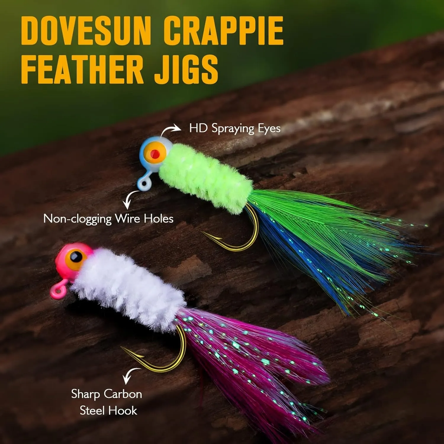 Dovesun Crappie Jigs, Hand-Tied Marabou Hair Jigs Heads with Feather 10 Colors 1/32oz 1/16oz 1/8oz Ice | Fly Fishing Lures for Panfish Sunfish Walleye 20-40pcs