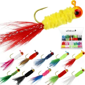 Dovesun Crappie Jigs, Hand-Tied Marabou Hair Jigs Heads with Feather 10 Colors 1/32oz 1/16oz 1/8oz Ice | Fly Fishing Lures for Panfish Sunfish Walleye 20-40pcs