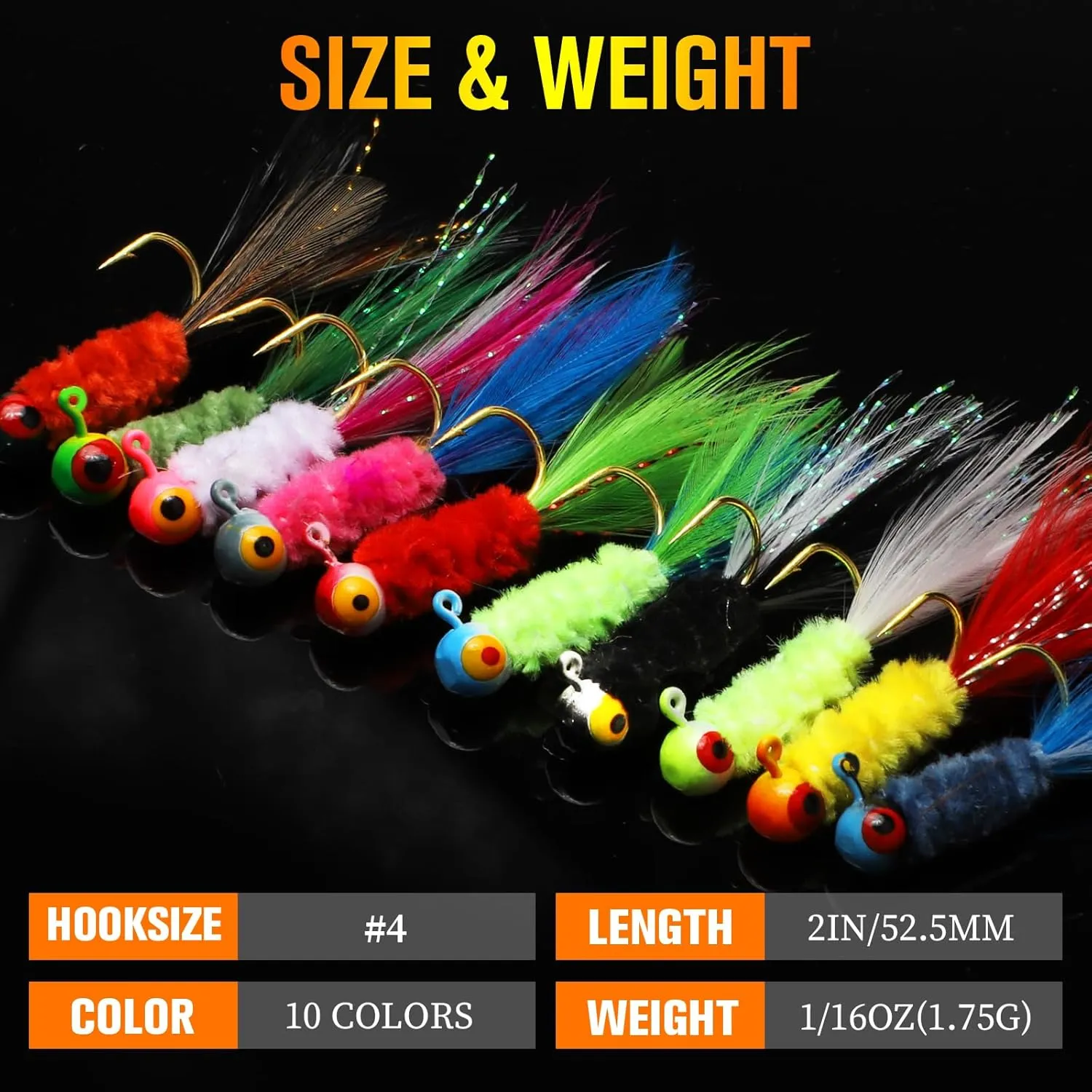 Dovesun Crappie Jigs, Hand-Tied Marabou Hair Jigs Heads with Feather 10 Colors 1/32oz 1/16oz 1/8oz Ice | Fly Fishing Lures for Panfish Sunfish Walleye 20-40pcs