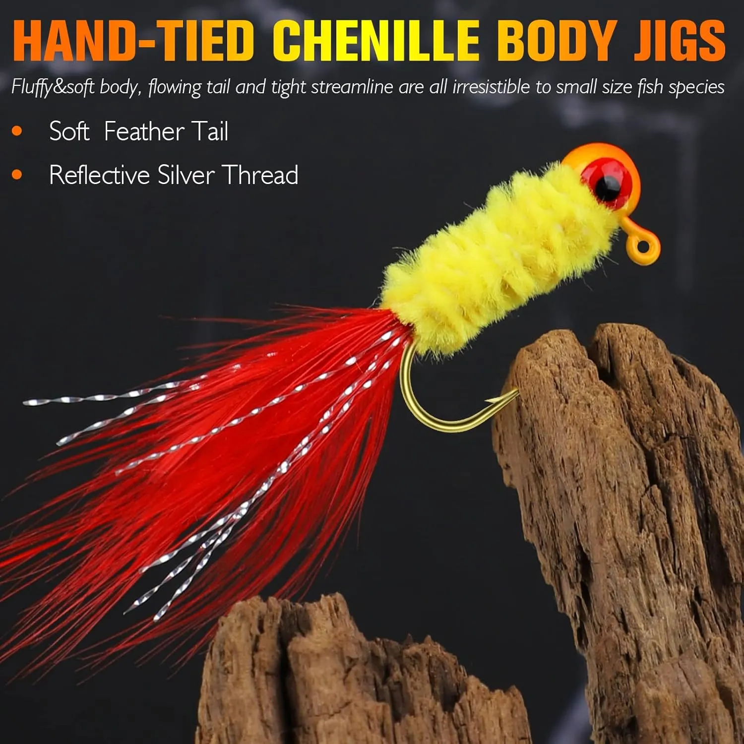 Dovesun Crappie Jigs, Hand-Tied Marabou Hair Jigs Heads with Feather 10 Colors 1/32oz 1/16oz 1/8oz Ice | Fly Fishing Lures for Panfish Sunfish Walleye 20-40pcs