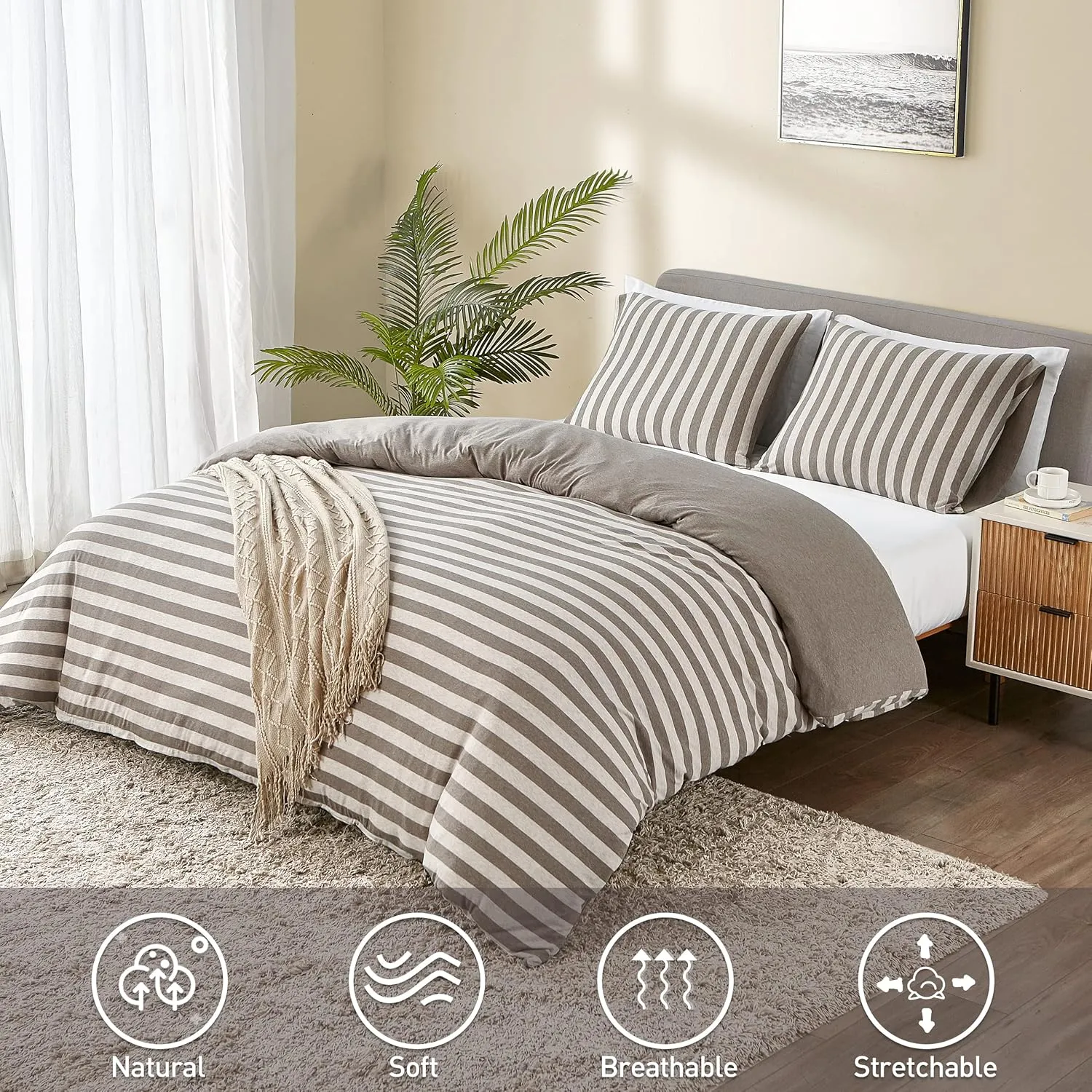 Dream Sunset Soft Cotton Jersey Knit Duvet Cover Set, Twin/Twin XL Size, Heather Beige Brown, Super Soft Skin Friendly Like T-Shirt, Zipper Closure, 1 Duvet Cover   1 Pillow case