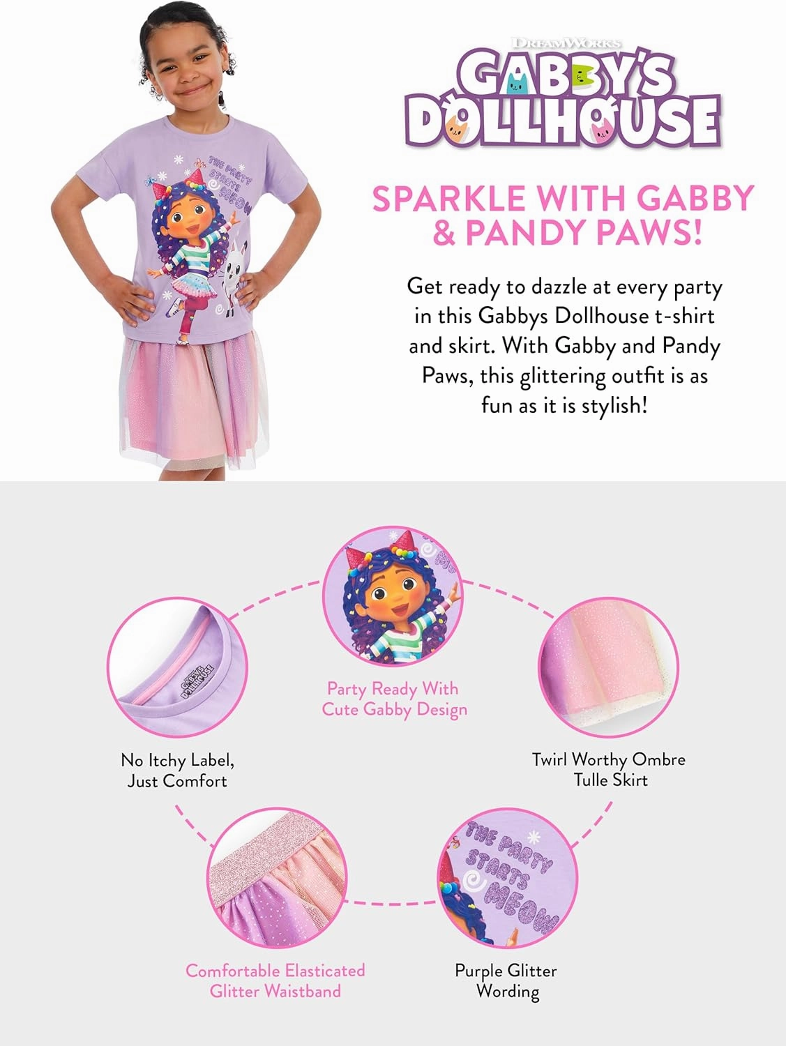 DREAMWORKS GABBY'S DOLLHOUSE Girls Shirt And Tutu Skirt | Party Outfit | Girls Shirt And Glitter Skirt | Purple 7