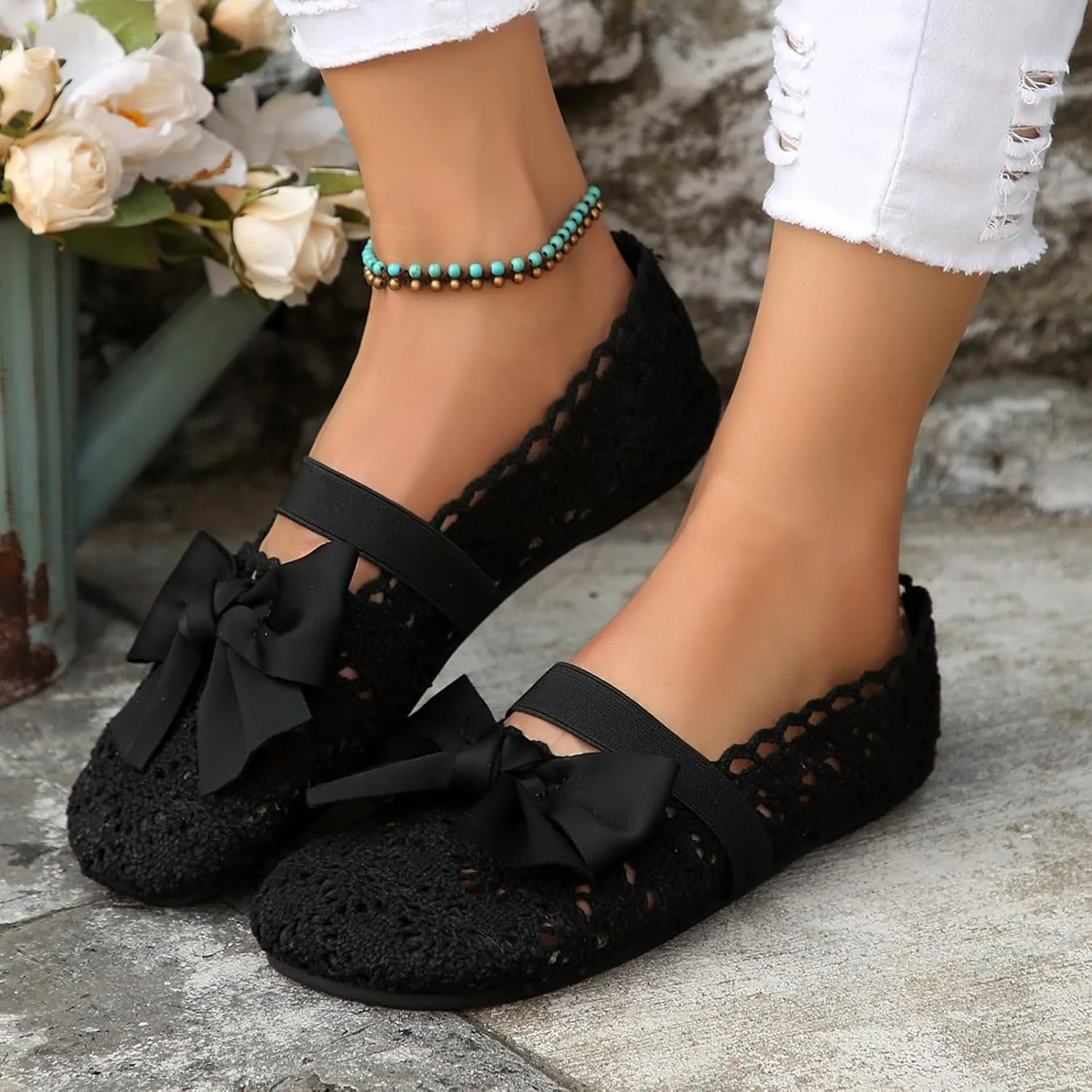 Dressy Platform Sandals Slip on Women's Flat Flower Lace Outer Wear Single Shoes Fashion Thin Sole Light Casual Shoes